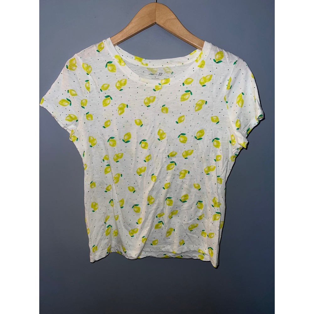 Studio 12 Womens White Lemon Print Short Sleeve Crew Neck T-Shirt Small